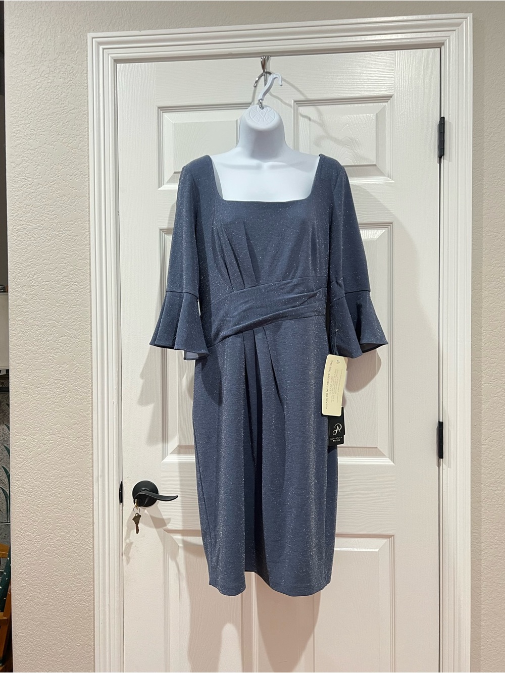 Adrianna Papell Steel Blue Metallic Knit Draped Dress - Size 12 - NWT